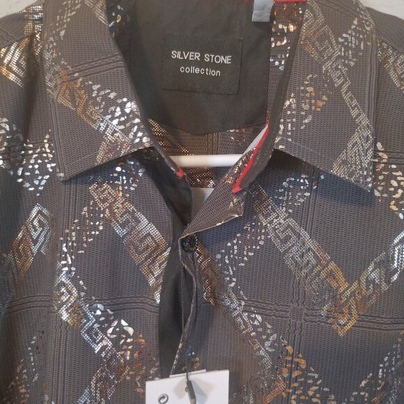 NWT Silver Stone Collection Men's Size MEDIUM Metallic Print Button Down Shirt - Picture 6 of 11